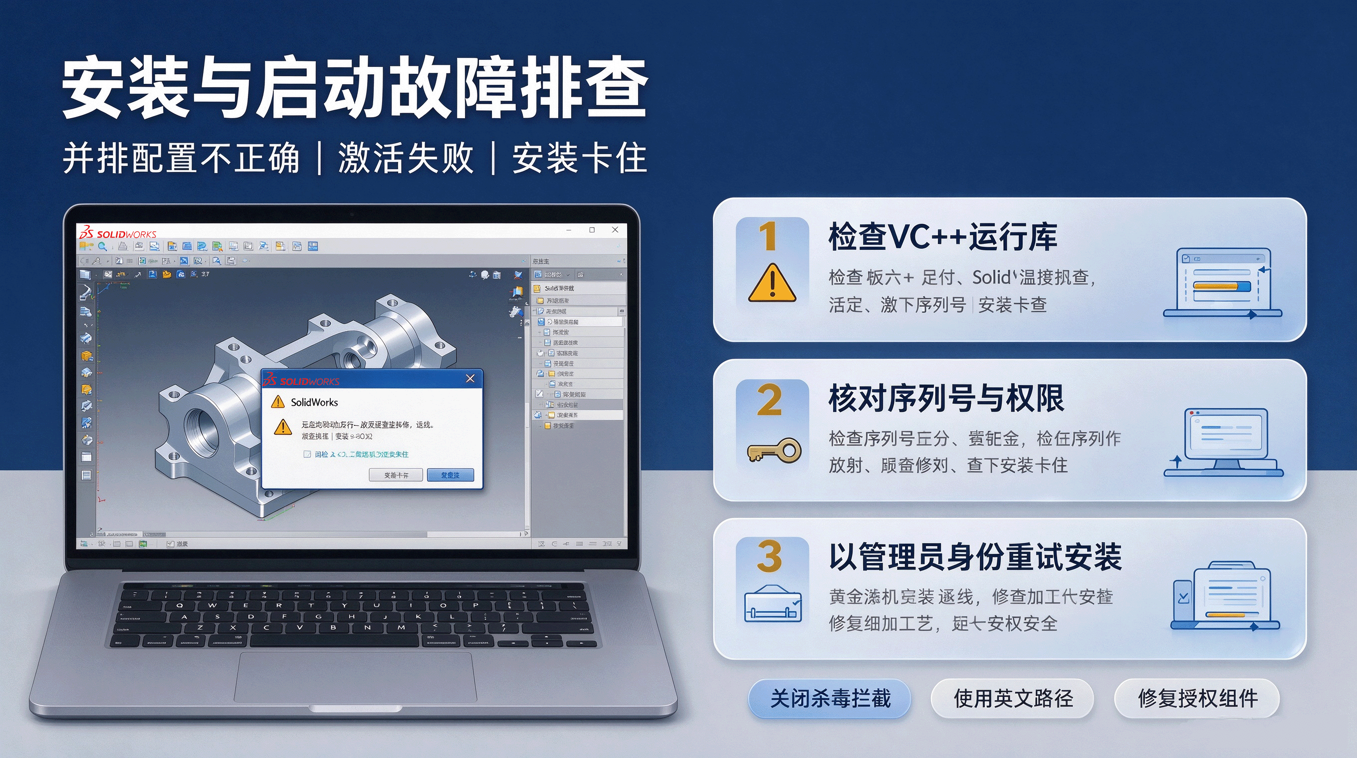 SolidWorks安装运行常见问题及解决方法｜闪退、卡顿、激活失败、启动报错