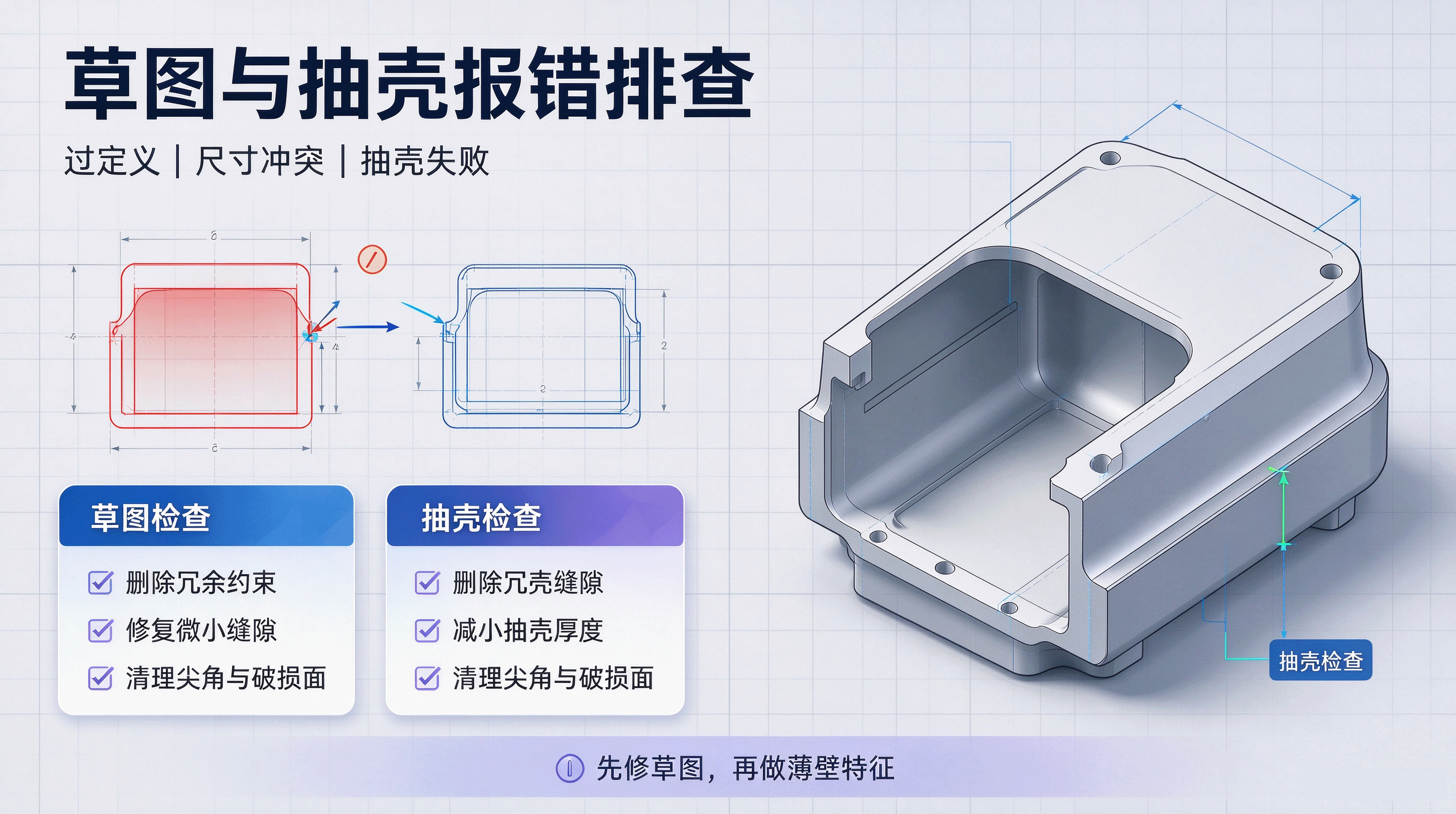 SolidWorks建模实操常见问题｜草图报错、特征失败、装配报错、工程图错乱解决